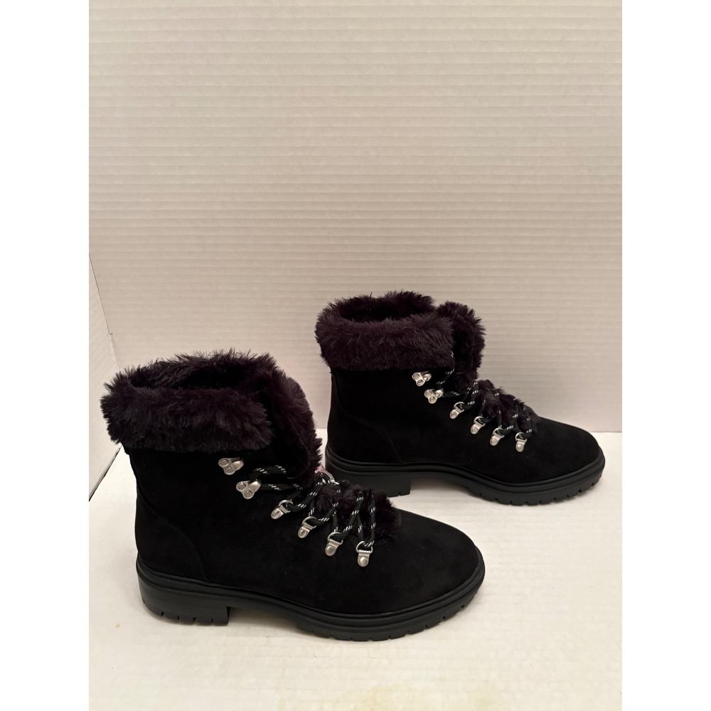J.Crew Nordic Boots Black Faux Suede Fur Trim Hiker Lace Up BL551 Womens 9 NEW